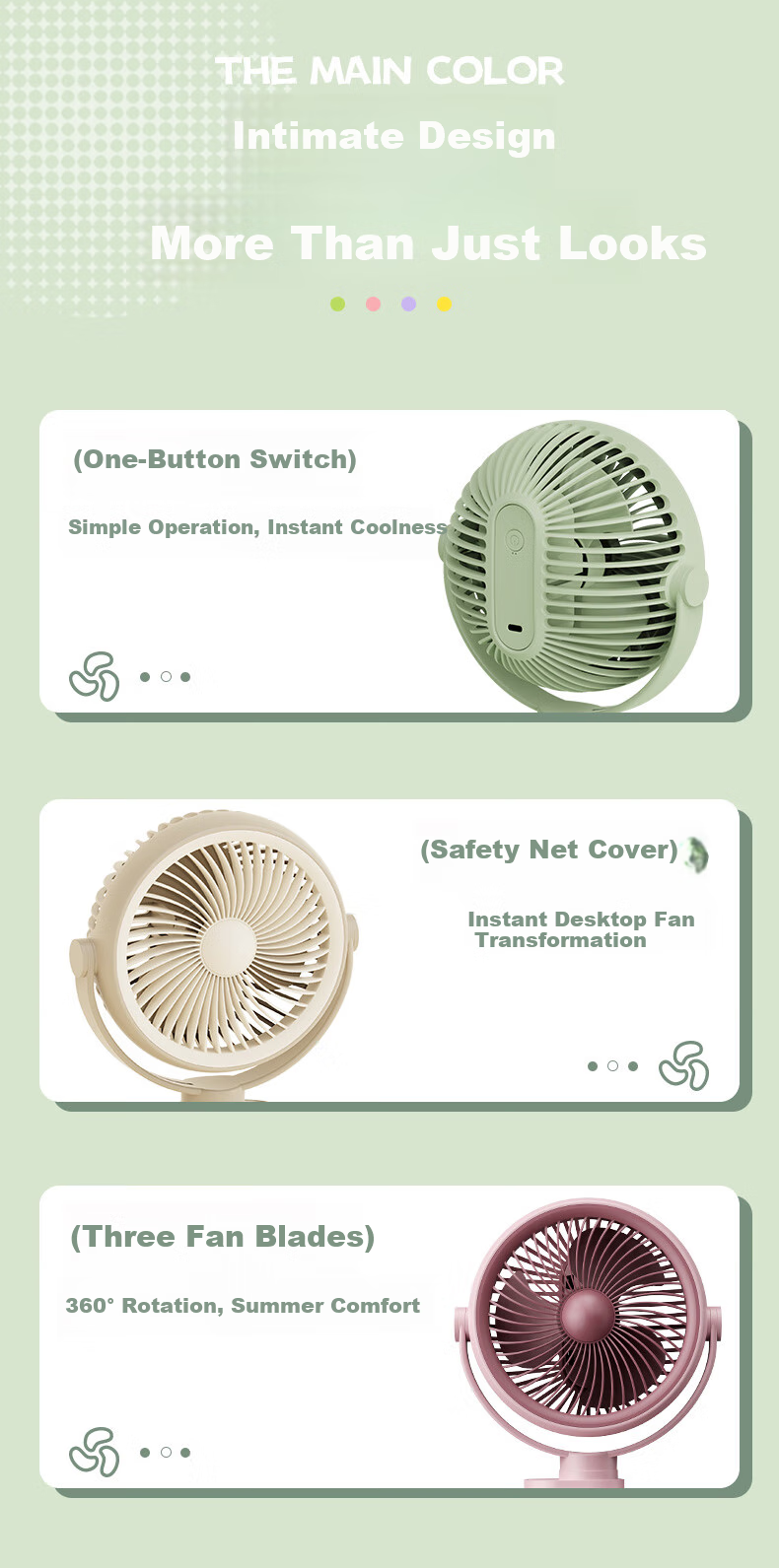 Siyicai Simple Clip-On Light Fan, Cute Student Mini Fan, USB Rechargeable, Dorm Bedside Small Electric Fan, Rotatable YS2539 Bean Green Color 9