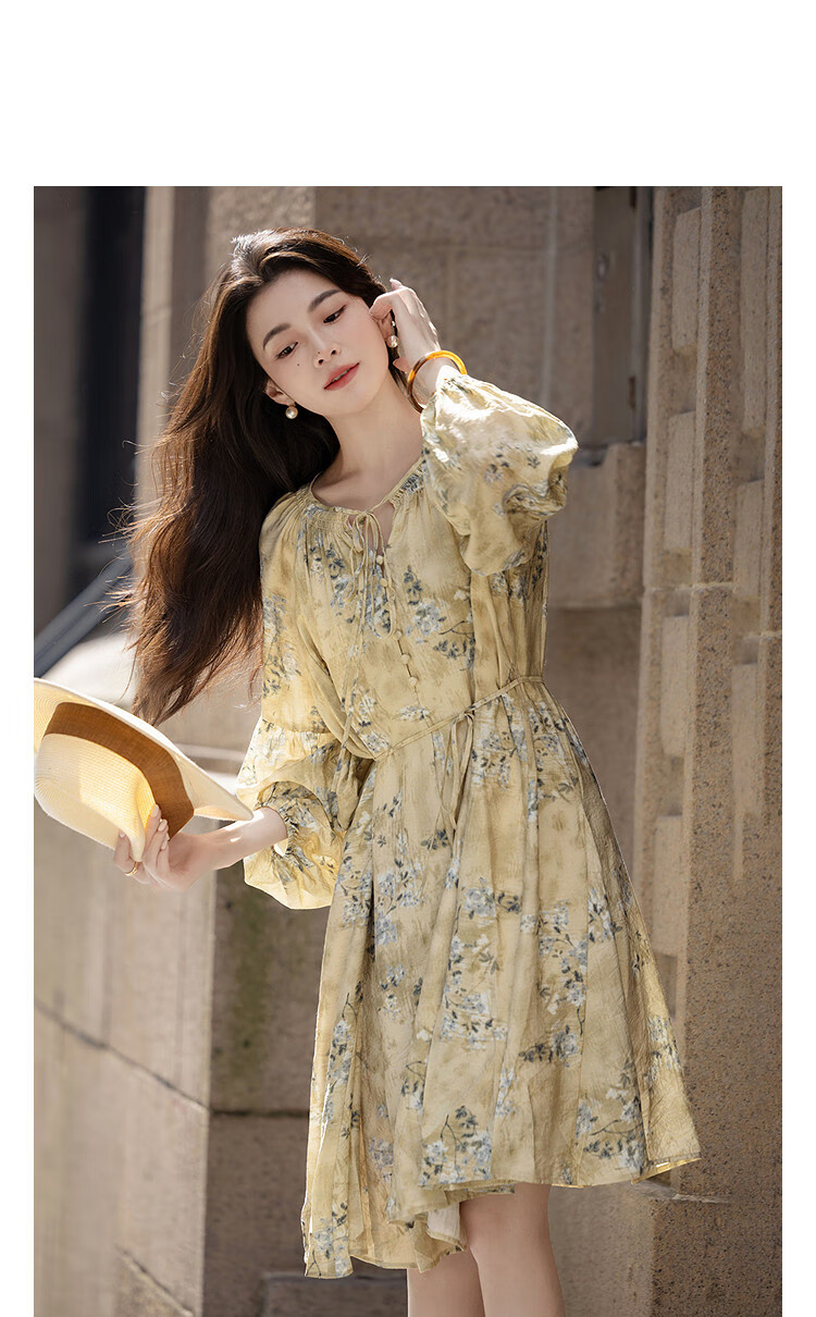 Dme [Chengye Manlv] Spring And Autumn Romantic Drawstring V-Neck Printed Lantern Sleeve Loose Waist Bag Buckle Women's Dress 5