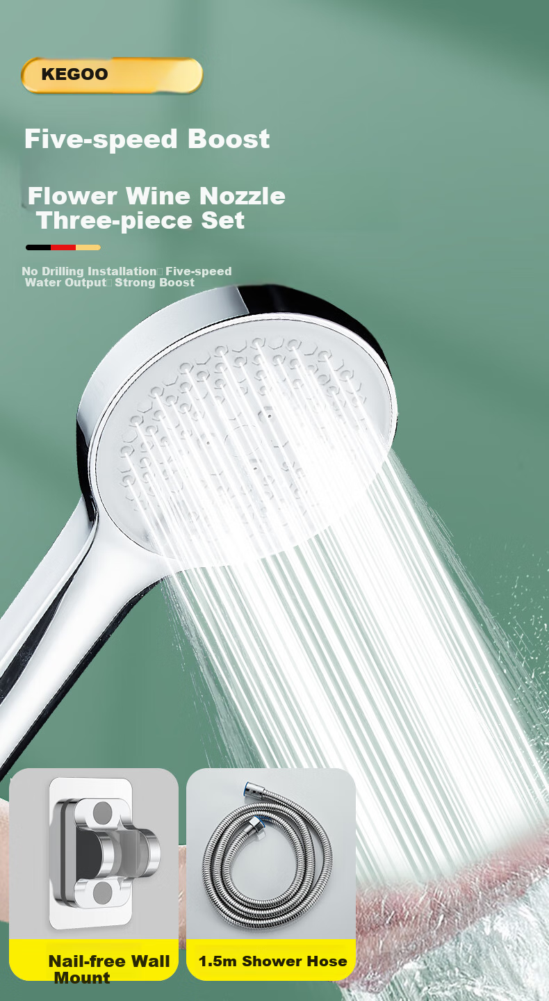 KEGOO High-Pressure Shower Head, Extra Strong Pressurized Handheld Three-Piece Set, Shower Hose, Bathing Handheld Head with Bracket K4048 1
