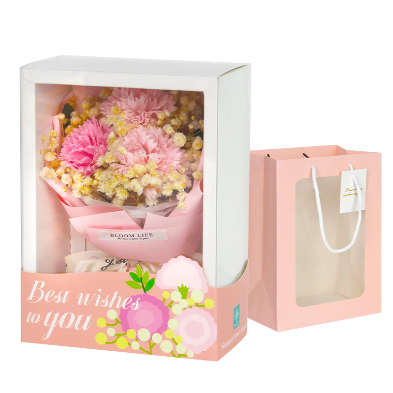 Qi Ju Elegant Carnation Dried Flower Chinese Style Bouquet Soap Flower Mother's Day Gift Exquisite Gift Box with String Lights and Greeting Card 20168