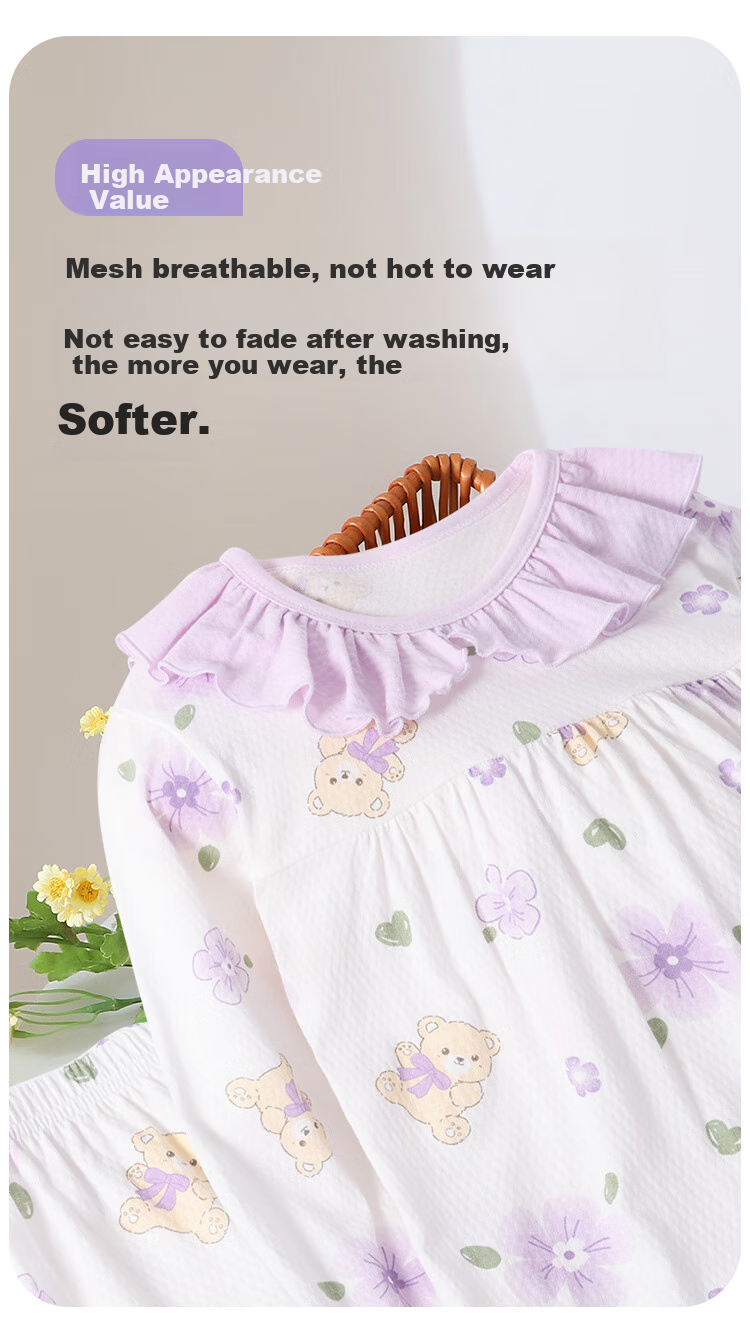 DEESHA [100% Pure Cotton Class A] Children's Pajamas Spring And Summer Thin Girls' Loungewear Baby Air Conditioning Suit Set 3