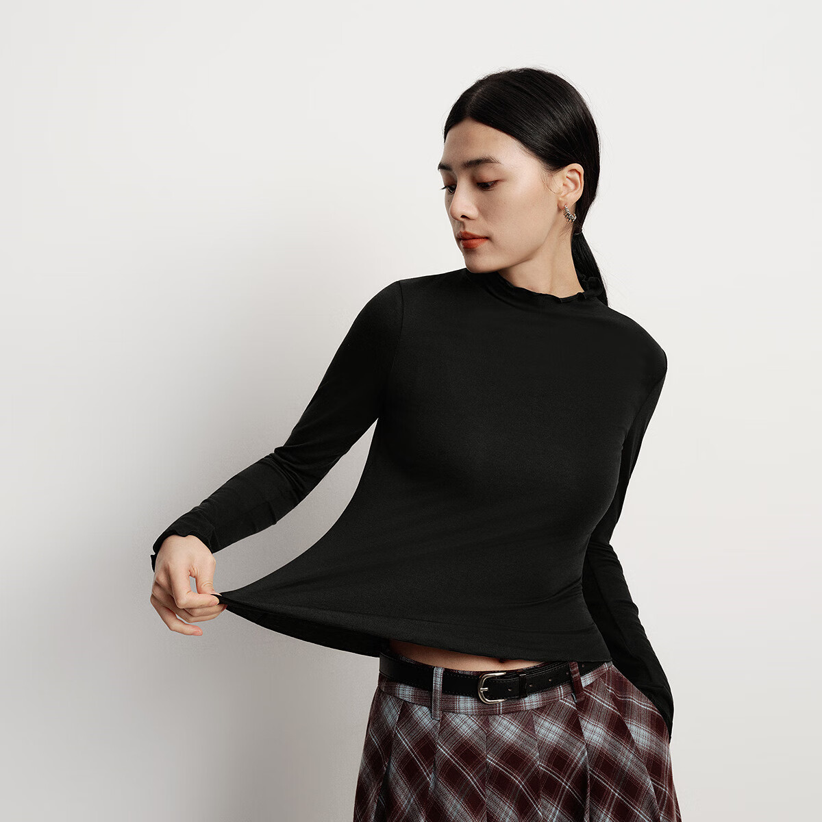 Женская футболка Semir с длинным рукавом, с высоким воротником, приталенная, зимняя коллекция 2025, с флисовой подкладкой, с рюшами, базовая термофутболка