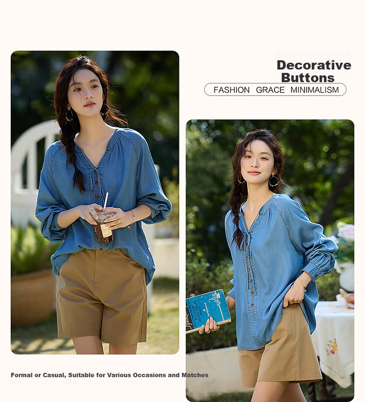 Dme [100 Lyocell] Autumn Lightweight Breathable Tie-Up Decorative Button Shirt, Loose Denim Blouse, Women's Top 5