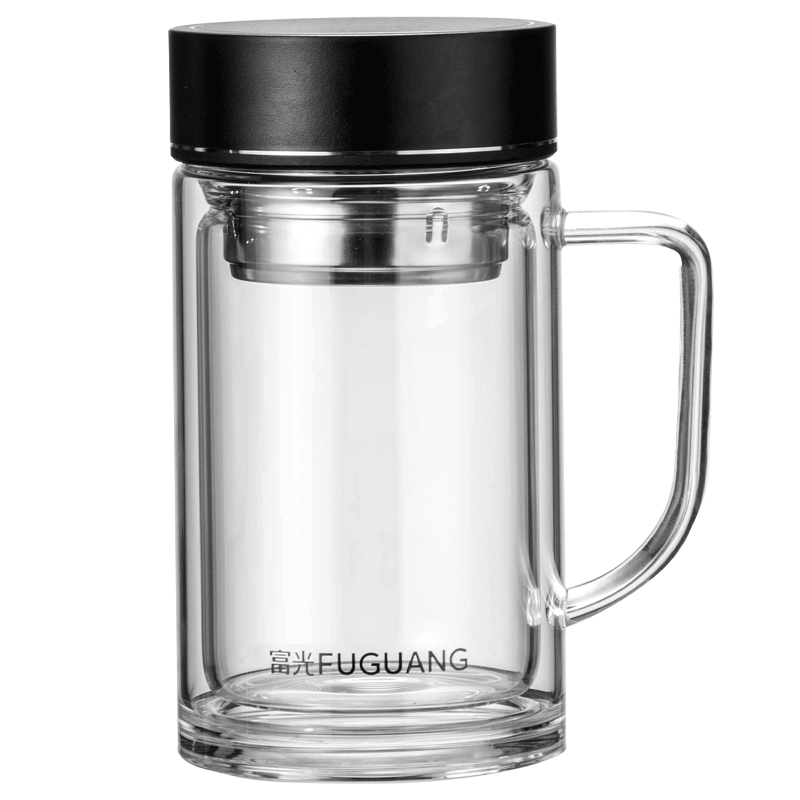 Fuguang Double-Layer Glass Cup with Handle, High Borosilicate Glass Tea Mug for Men, Specialized Cup for Brewing Tea with Separate Compartments for Tea And Water