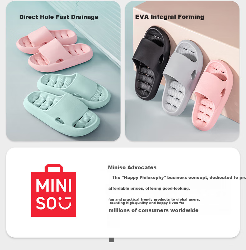 MINISO Slippers for Men, Summer Bathroom Shower Non-Slip Water-Draining Quick-Drying Odor-Free Home Breathable Sandals for Women, Black 2