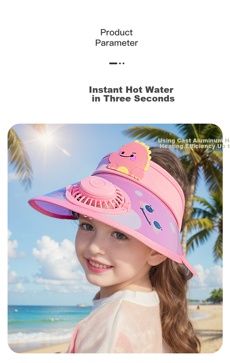 GLO-STORY Summer Children's Sun Hat, Wide Brim Fan Visor Cap, Cartoon Dinosaur Sun Protection Hat, Fan Style - Light Blue 6