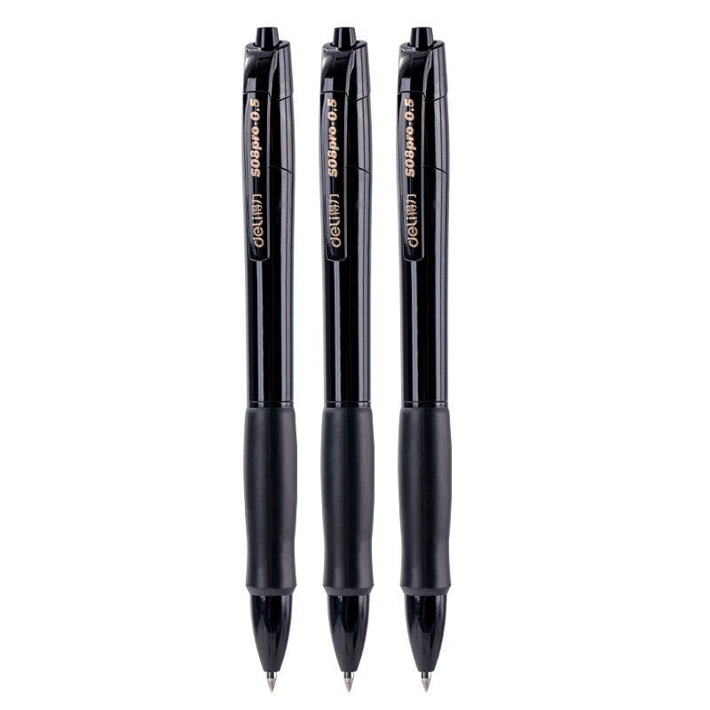 Deli S08 Black Gold Edition, Upgraded Drop Resistance, Large Capacity Curved Retractable Gel Pen for Exams And Office Use, 0.5mm Bullet Tip, Black, 3 Pens/Box S08Pro-3