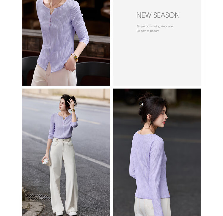 Sentubila [Solid Color Long-Sleeve T-Shirt], 2025 Autumn Vertical Striped Textured V-Neck Placket Three-Button Elastic Long T-Shirt 19