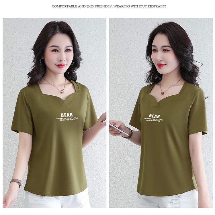 Woodpecker Ice Silk Short Sleeve T-Shirt Women Summer New Middle-Aged Thin Slim Casual Half Sleeve Top Royal Blue 3XL 11