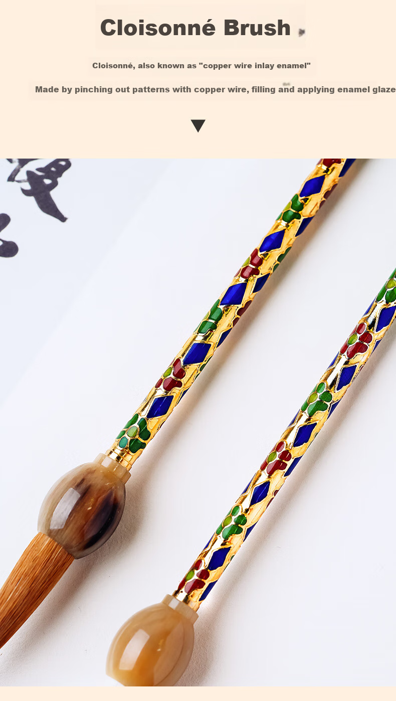 Rongbaozhai Calligraphy Brush Set, Sheep Hair Traditional Carved Enamel Ox Horn Handle, Four Treasures of The Study, Calligraphy Running Seal Script Regular Handmade Soft Brush, High-End Premium Collectible Gift Box, Jingtai Blue Sheep Hair 6