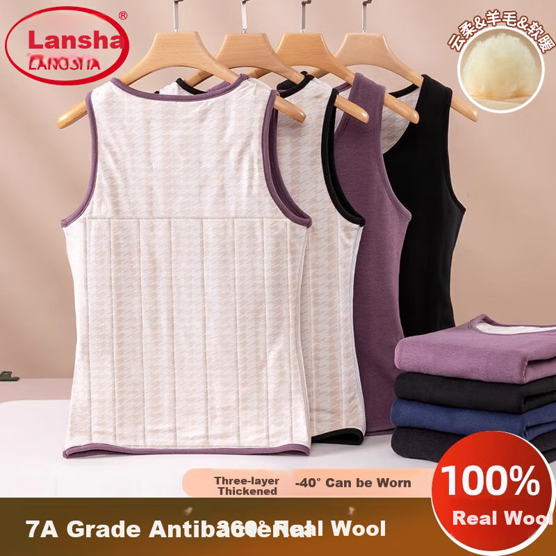 LangSha 100% Wool Thermal Vest for Women, Winter Seamless Heat-Generating Undershirt, Antibacterial Fleece-Lined Thick Base Layer Underwear