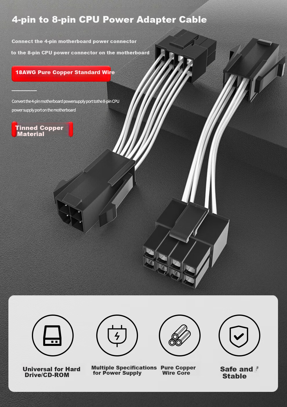 BURLEFRAN CPU Power Adapter Cable, 4-Pin to 8-Pin Power Converter Cable, 4P to 8P 4-Pin to 8-Pin Power Adapter Cable 1