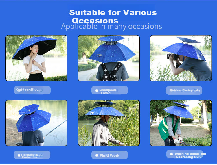 Adandyish Fishing Umbrella Hat, Foldable Double-Layer Tea-Picking Head Umbrella Hat, Raindrop Blue Silver-Gray Color, 2-Piece Set 3