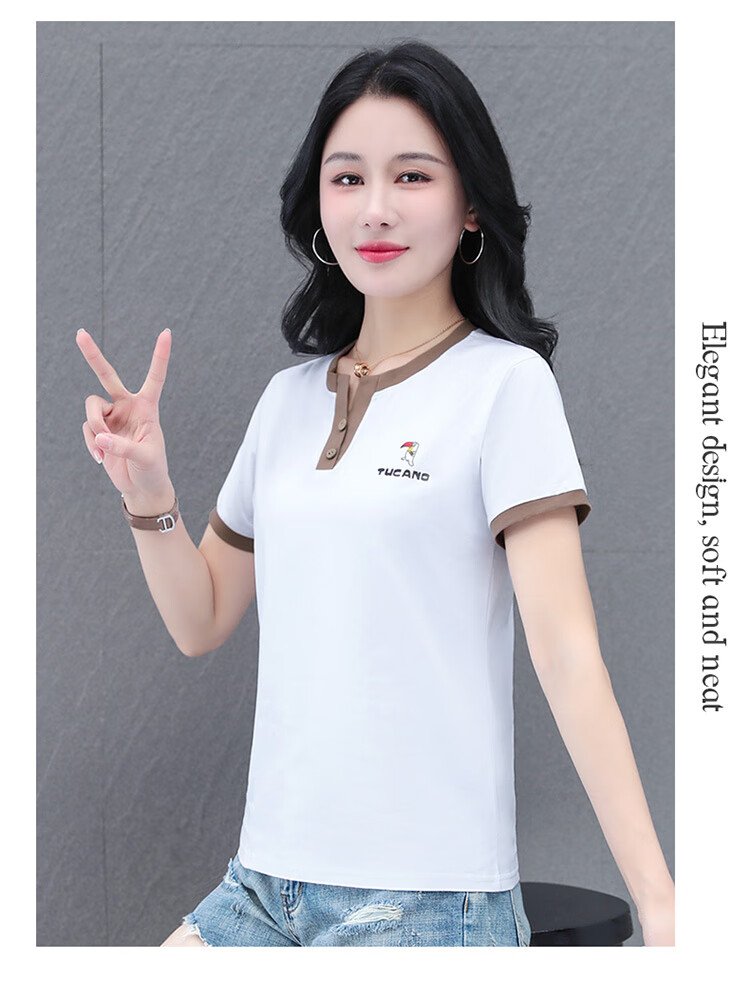 Woodpecker Pure Cotton Crew Neck Shoulder-Fit Short Sleeve T-Shirt for Women Summer New Slim Fit Black M 23