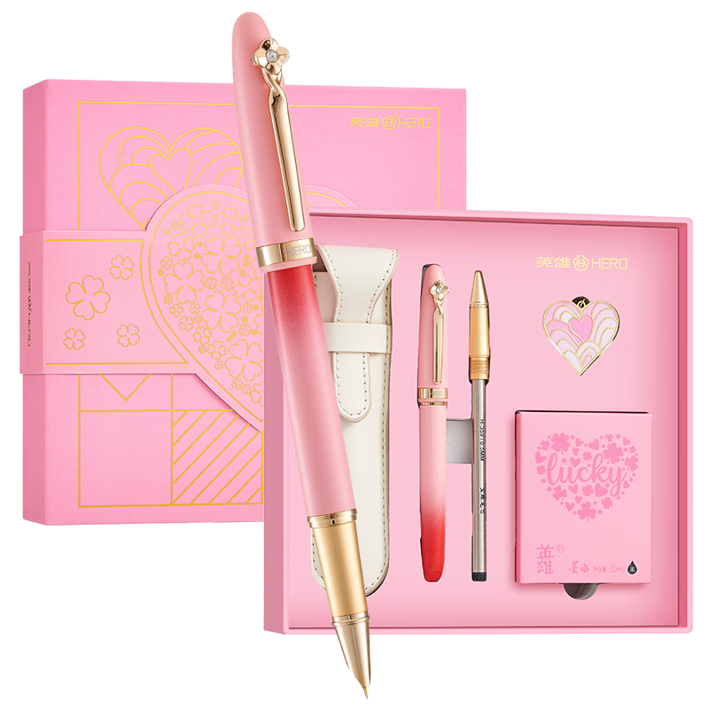 HERO Fountain Pen Gift Box High-End Graduation Gift for Women Signature Pen 5069 Ink Set Business Gift Birthday Present for Girlfriend Pink Red