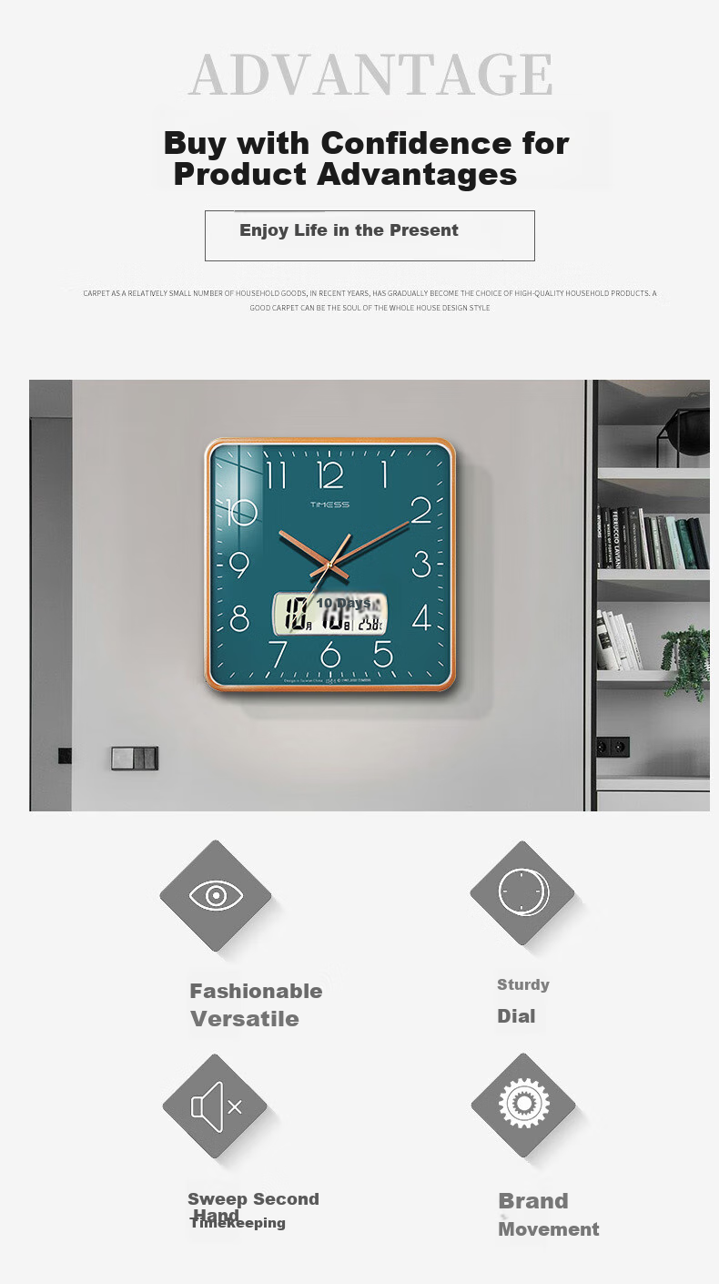 Timess Square Wall Clock, Living Room Clock, Perpetual Calendar, Timepiece, Sweep Second Movement, Quartz Clock, Calendar Wall Clock, 38cm 2