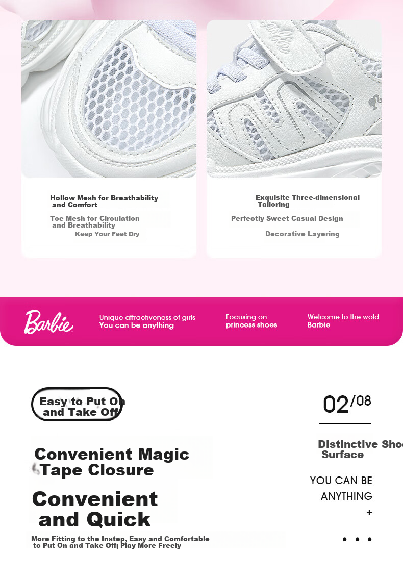 Barbie Girls' Summer Mesh Shoes, Breathable Dad Shoes, Student White Sneakers, Sports Shoes DA6702, White, Size 32 6