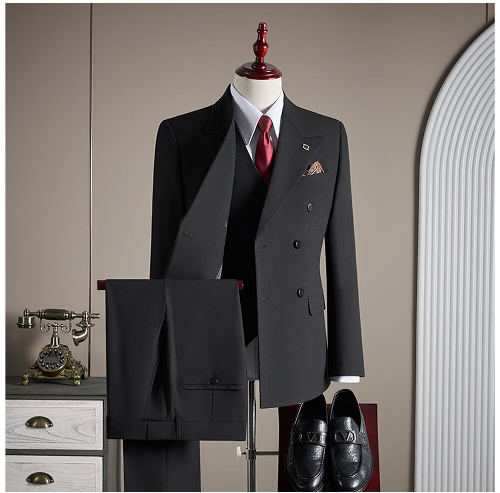 ROMON Men's Business Suit Set Blazer + Vest + Trousers Double-Breasted Casual Navy Blue 3XL 5