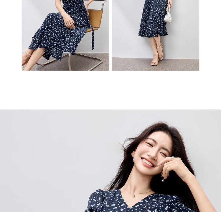 Sentubila Elegant Vacation Style V-Neck Dress for Women Summer Lantern Sleeve High Waist Floral Mermaid Slimming Mid-Length Dress 22