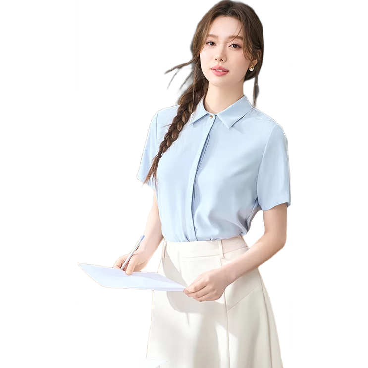Bodexiaojie Blue Professional Short-Sleeve Blouse for Women, Summer Public Exam Interview Chiffon Top, Commuter Outfit Formal Shirt, Blue, XL