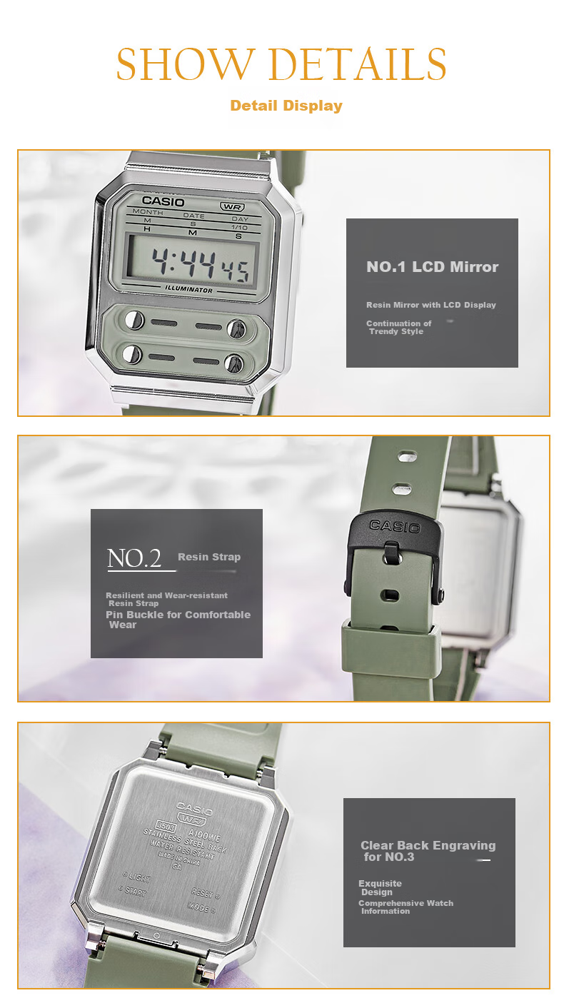 CASIO Watch, Unisex Digital Display Classic Square Electronic Couple Watch, A100WE-7B 6