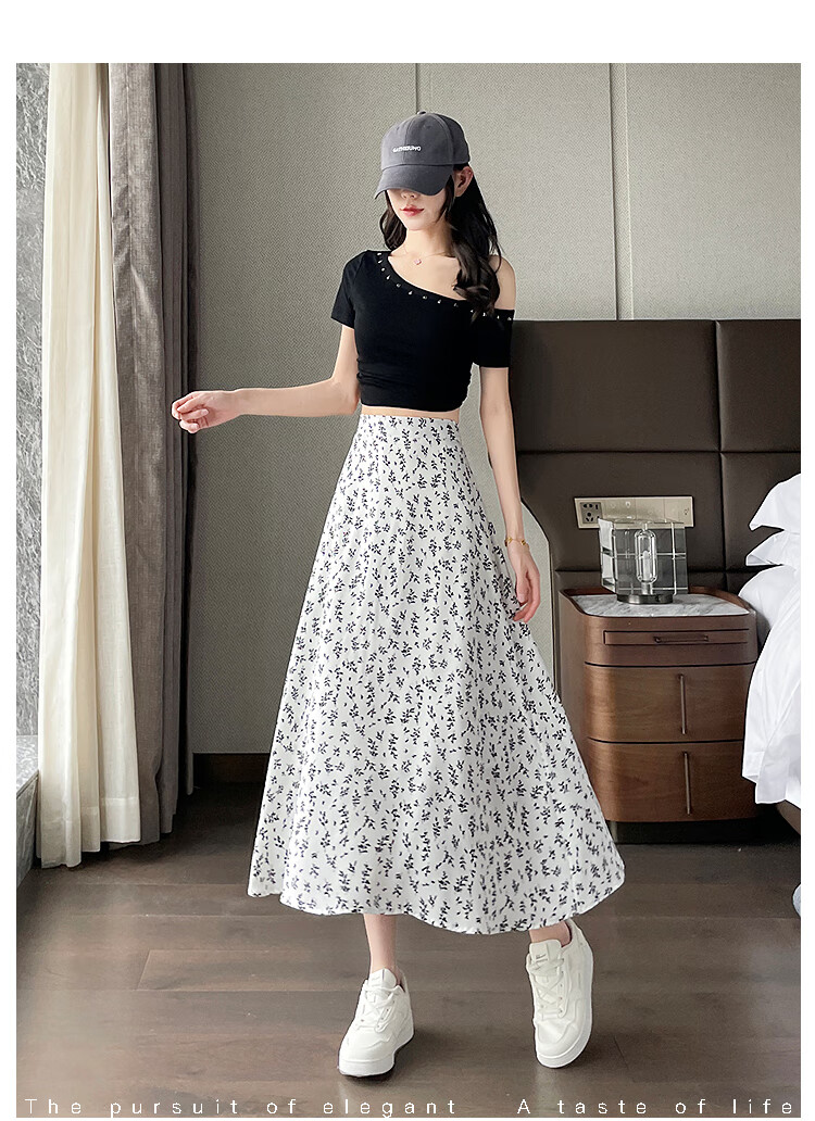 Awakening Paradise 2026 Summer New Slimming A-Line Mid-Length Skirt White Base Black Floral One Size 28
