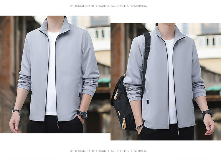 TUCANO Men's Spring Autumn Stand Collar Comfortable Business Casual Jacket Versatile Sports Solid Color Top Black L 8