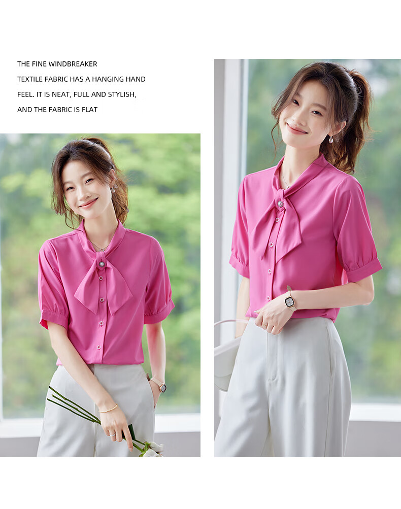JEANSWEST Women's Summer Short Sleeve Shirt Elegant Versatile Fashion Bowknot Solid Color Formal Top White M 7