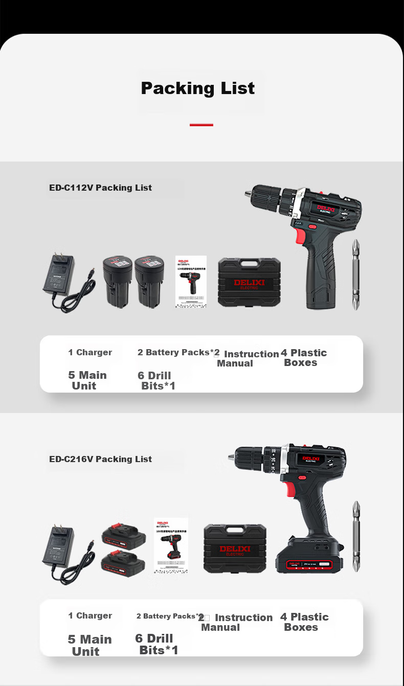 DELIXI ELECTRIC Lithium Battery Drill, Multi-Functional Household Rechargeable Electric Drill ED-C1, Two Batteries One Charger, 12V 16