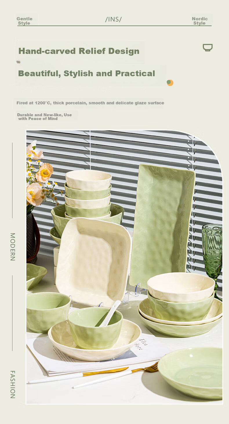 KANGQIN Cream-Colored Bowl And Plate Set, Home Use Underglaze Color High-Value Housewarming Tableware, 4-Person Dining Upgrade Gift Box for Mid-Autumn Festival 5