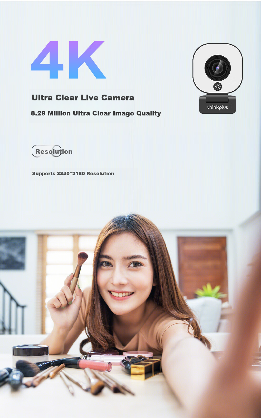 Lenovo ThinkPlus Computer Webcam, 4K HD Auto Focus, Dual Microphones, Plug-And Three-Level Soft Light Beauty Mode, Live Streaming, E-Commerce, Online Classes And Meetings Webcam WL58A 3