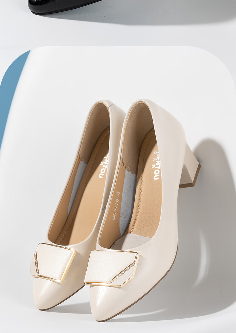 LAORENTOU Women's Fashion Professional Chunky Heel Low-Cut Buckle Mid-Heel Commuter Work Mom Shoes LA219 Beige Size 39 2