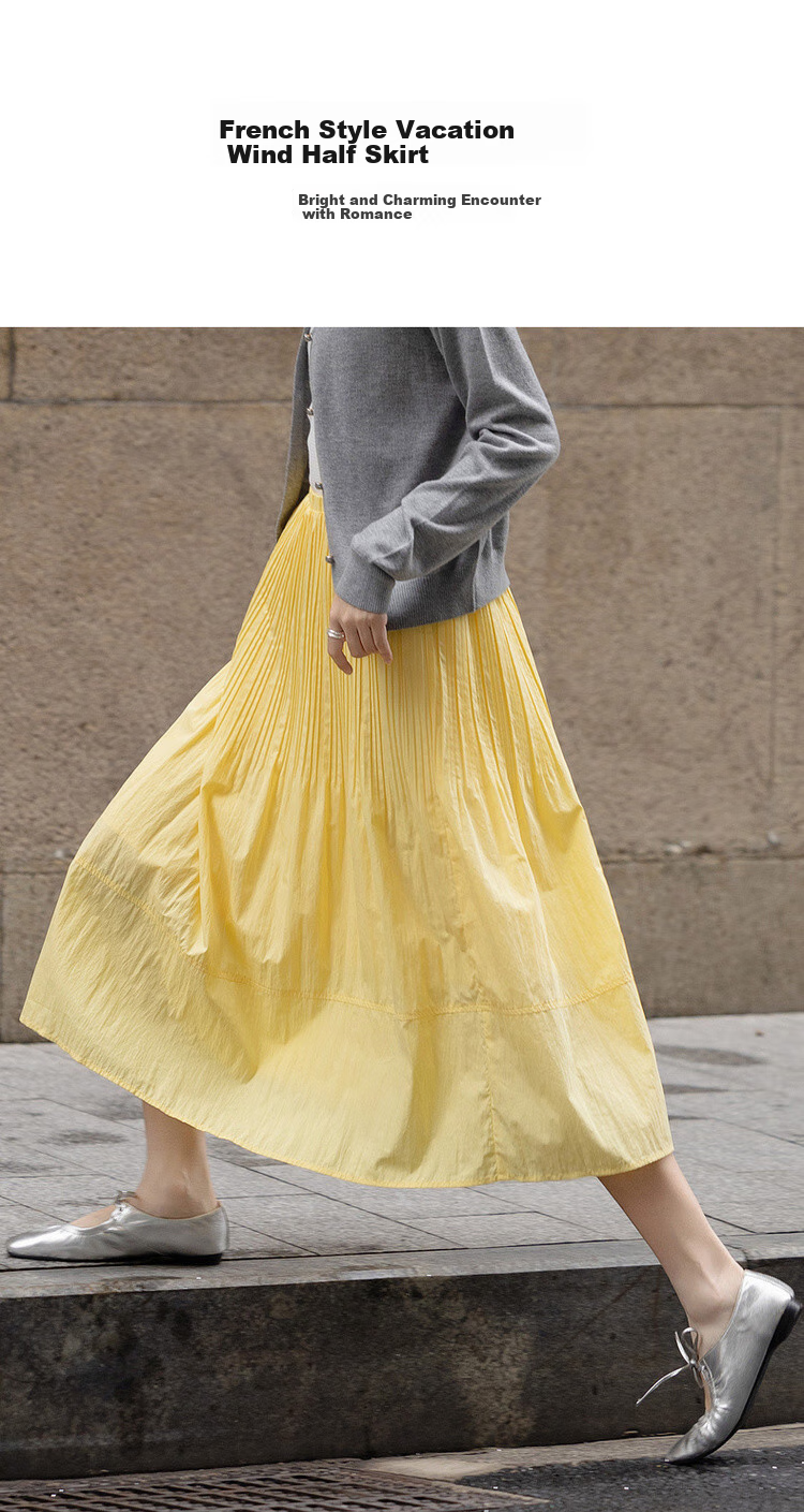 Dme [Lingdong Muxi] Spring French Cloud-Feel Cotton Elastic Waist Pleated A-Line Breathable Midi Skirt for Wome 2