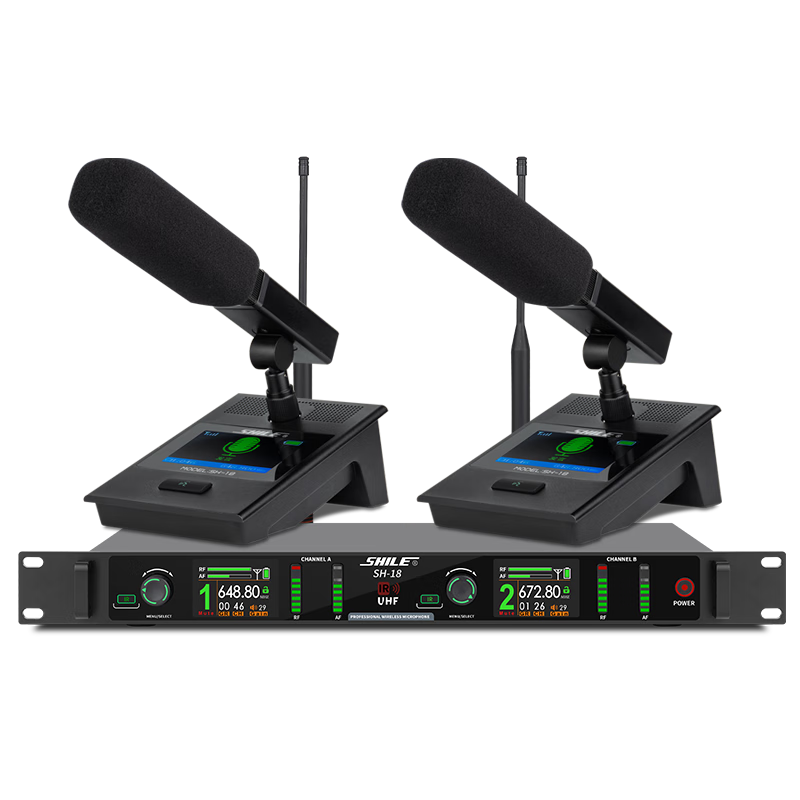 SHILE Dual Wireless Conference Microphone Desktop Short Rod Square Tube Mic Podium Anti-Interference Auto Frequency Matching Anti-Howling SH-18 with Rod