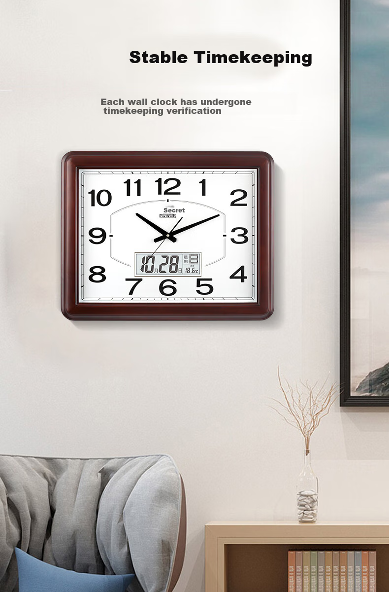POWER Bawang Wall Clock, Length 54cm, Large Square Design for Living Room, Office Wall-Mounted, Chinese-Style Simple Wooden Wall Clock 1801CKS 3