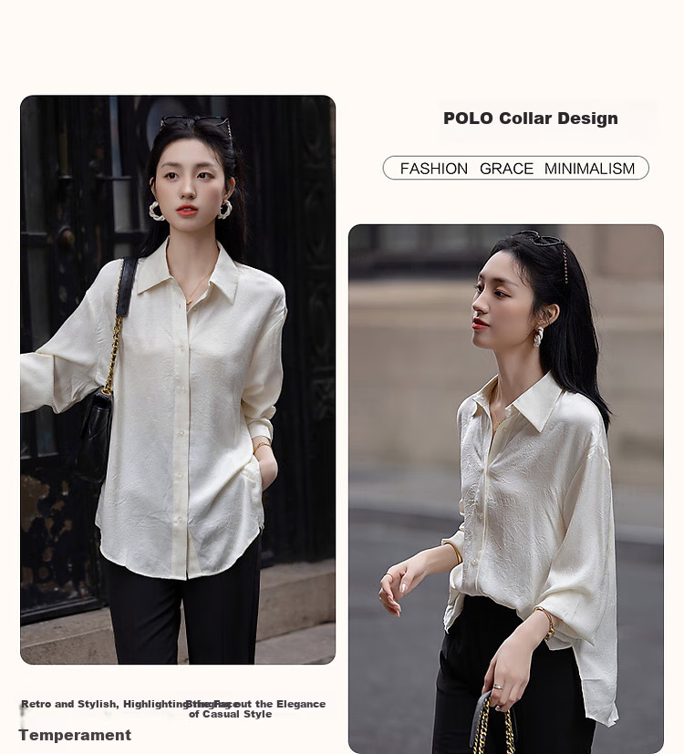 Dme [Four Seasons Wear] Spring Simple Style Commuter Shirt POLO Collar Wrinkled Shiny Texture Blouse Women's Top 5