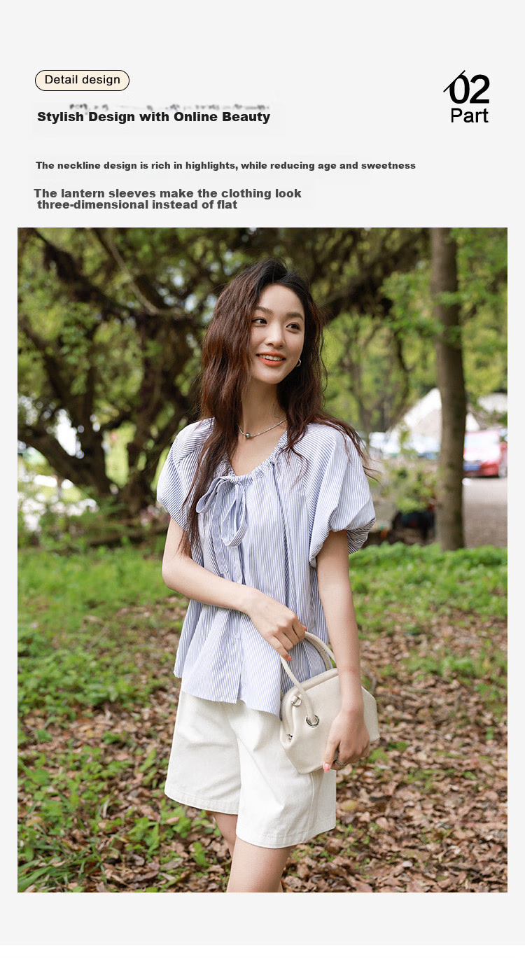 Dme [Academic Style Striped Shirt] Summer Youthful Lantern Sleeve Collar Butterfly Stripe Short-Sleeve Women's Shirt 7