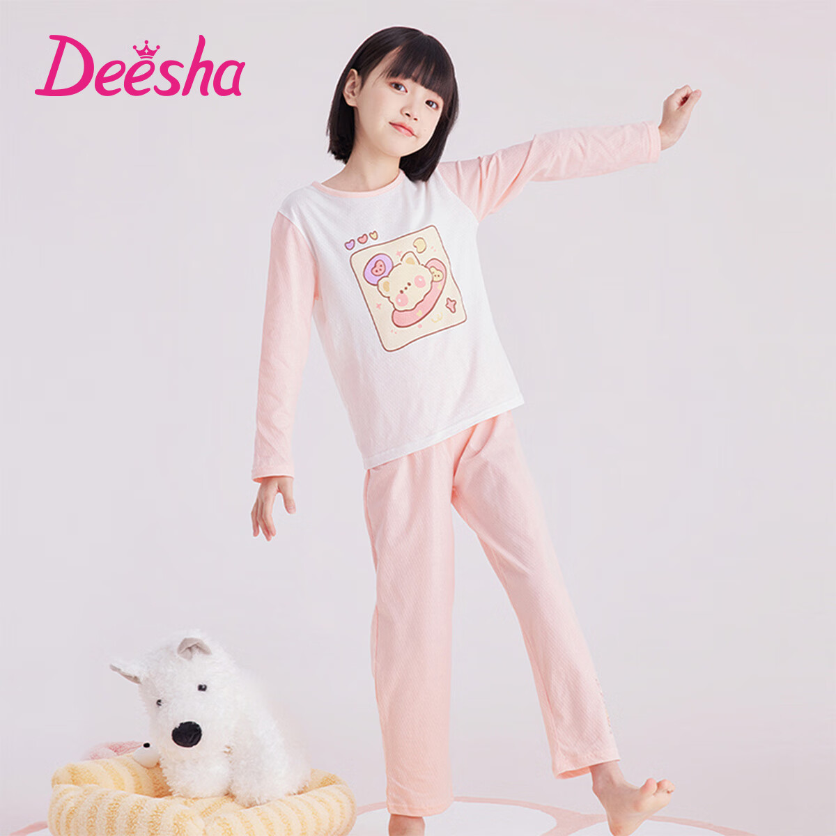DEESHA Girls' Antibacterial Pure Cotton All-Season Base Layer Pajamas, Breathable Mesh Air Conditioning Wear, Home Loungewear Set for Older Childre