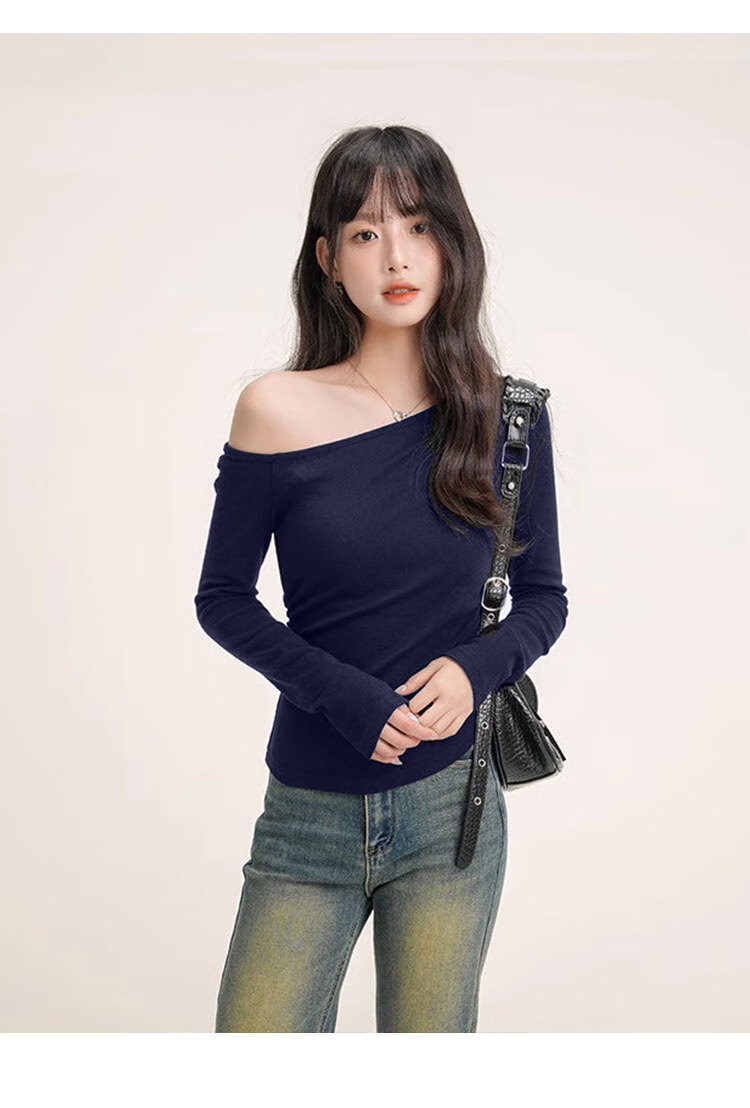 Woodpecker Women's Slant Shoulder Long Sleeve T-Shirt Autumn New Trendy Casual Slim Fit Base Shirt White L 8