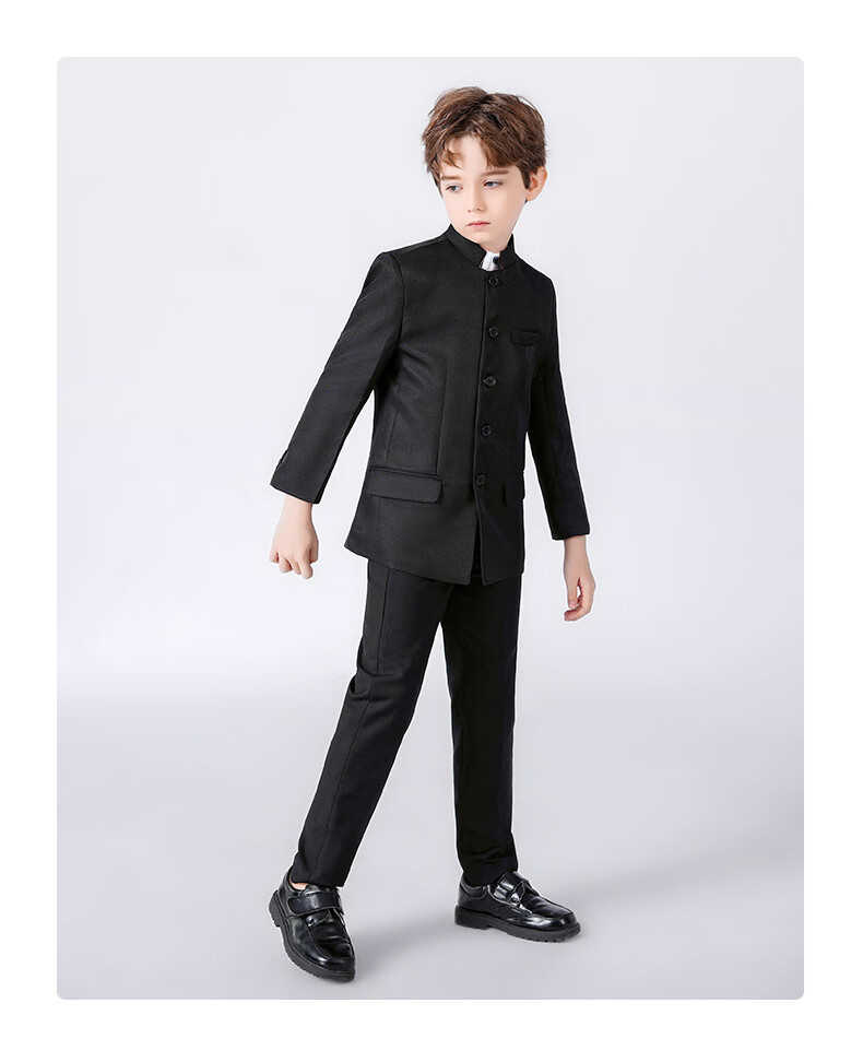 Luomeng Boys' Zhongshan Suit Student Outfit Chinese Style Children's Performance Suit Set, Black Zhongshan Suit Two-Piece Set, Size 110 13