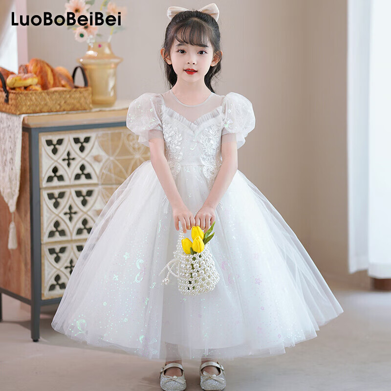 LUOBOBEIBEI Girls' Princess Dress, Summer 2025 Performance Costume, Children's White Dress, Tulle Puffy Skirt, White, Size 110