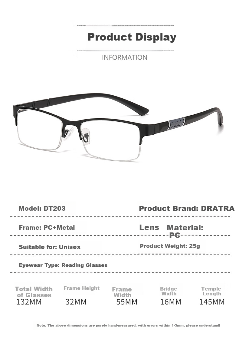 DRATRA Reading Glasses for Men, High-Definition Wear-Resistant Presbyopic Glasses for Middle-Aged And Elderly, Phone Viewing Glasses, Semi-Rimless Reading Glasses for Middle-Aged And Elderly 4
