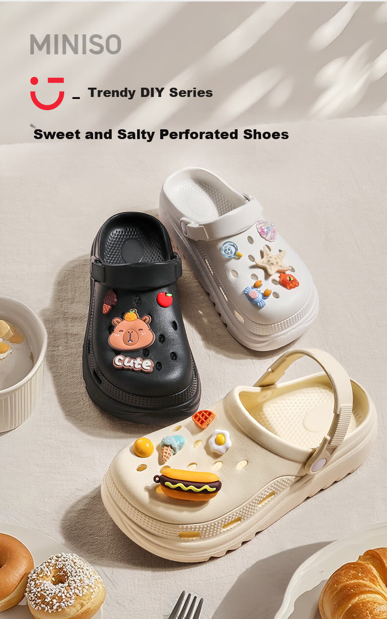 MINISO EVA Summer Unisex Hole Shoes Beach Sandals Non-Slip Soft Couple White+Light Blue Butterfly Pattern 1