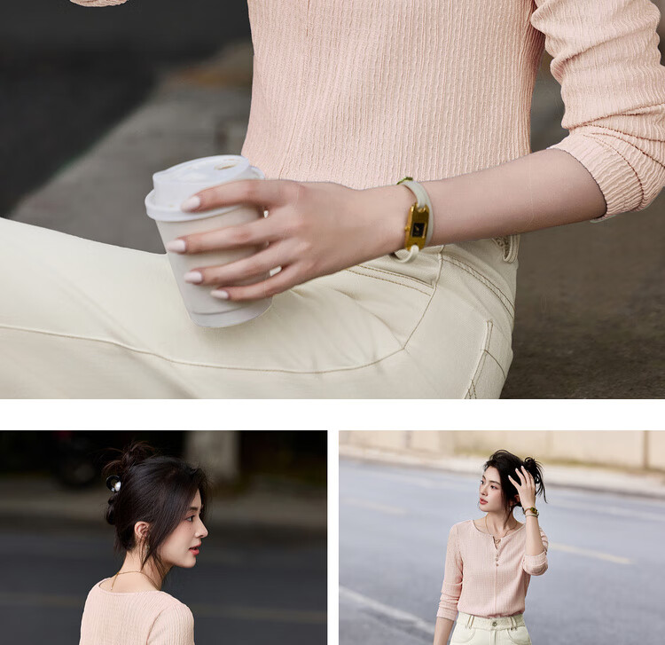 Sentubila [Solid Color Long-Sleeve T-Shirt], 2025 Autumn Vertical Striped Textured V-Neck Placket Three-Button Elastic Long T-Shirt 14
