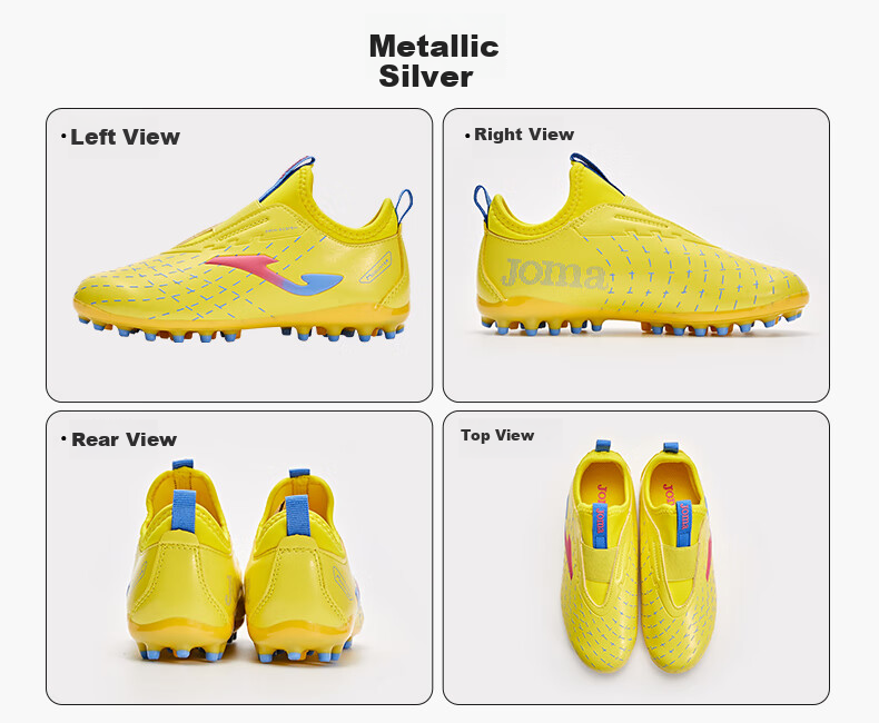 JOMA Children's Soccer Shoes, MG Short Studs, for Artificial Turf Fields, Non-Slip, Wear-Resistant, Professional Competition Football Training Shoes, Metallic Silver, Size 33 15