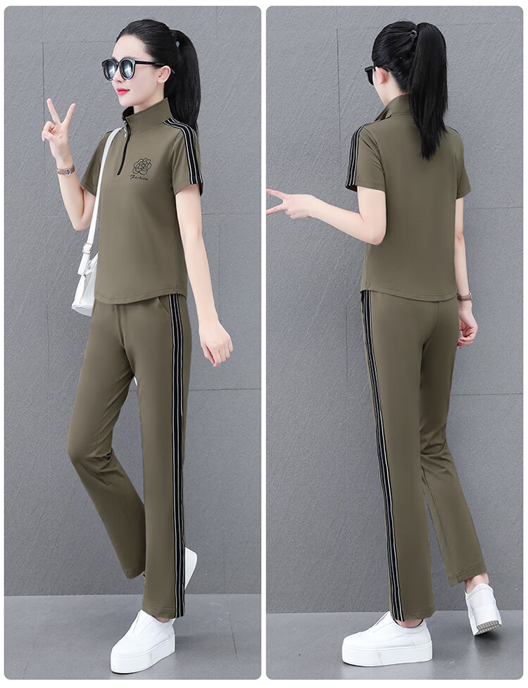 Woodpecker Zipper Sportswear Set for Women Summer Thin Cotton Middle-aged Fashion Casual Stand Collar Two-piece Khaki 2XL 16