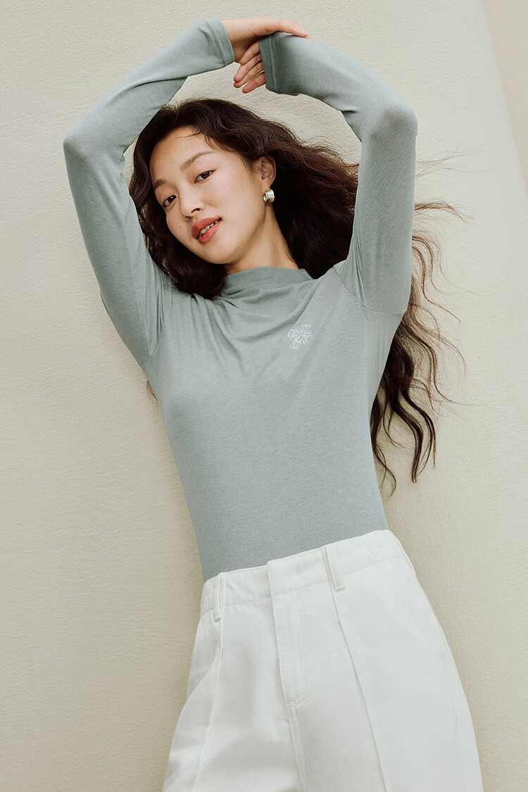 INMAN Wool Stand Collar T-Shirt 2025 Autumn Women's New Layered Slim Fit Long Sleeve Base Shirt Light Gray S 1