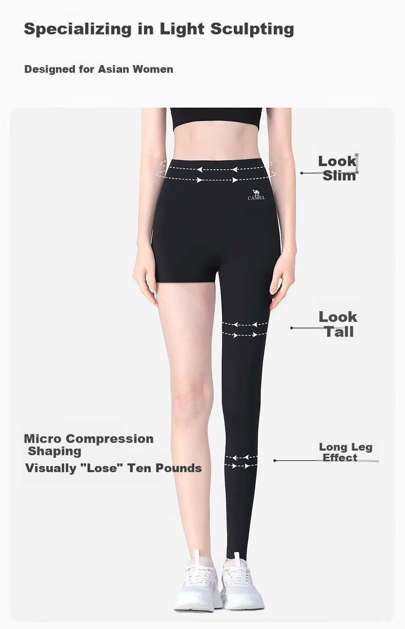 CAMEL Sun Protection Shark Leggings for Women, Elastic Yoga Fitness Running Sports Pants Y25CY1L7005 Phantom Black L 11