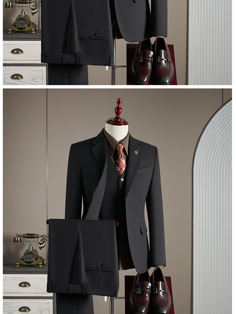 ROMON Men's Slim Fit Wool Suit Set with Blazer, Vest, and Trousers, Black, 3XL 2