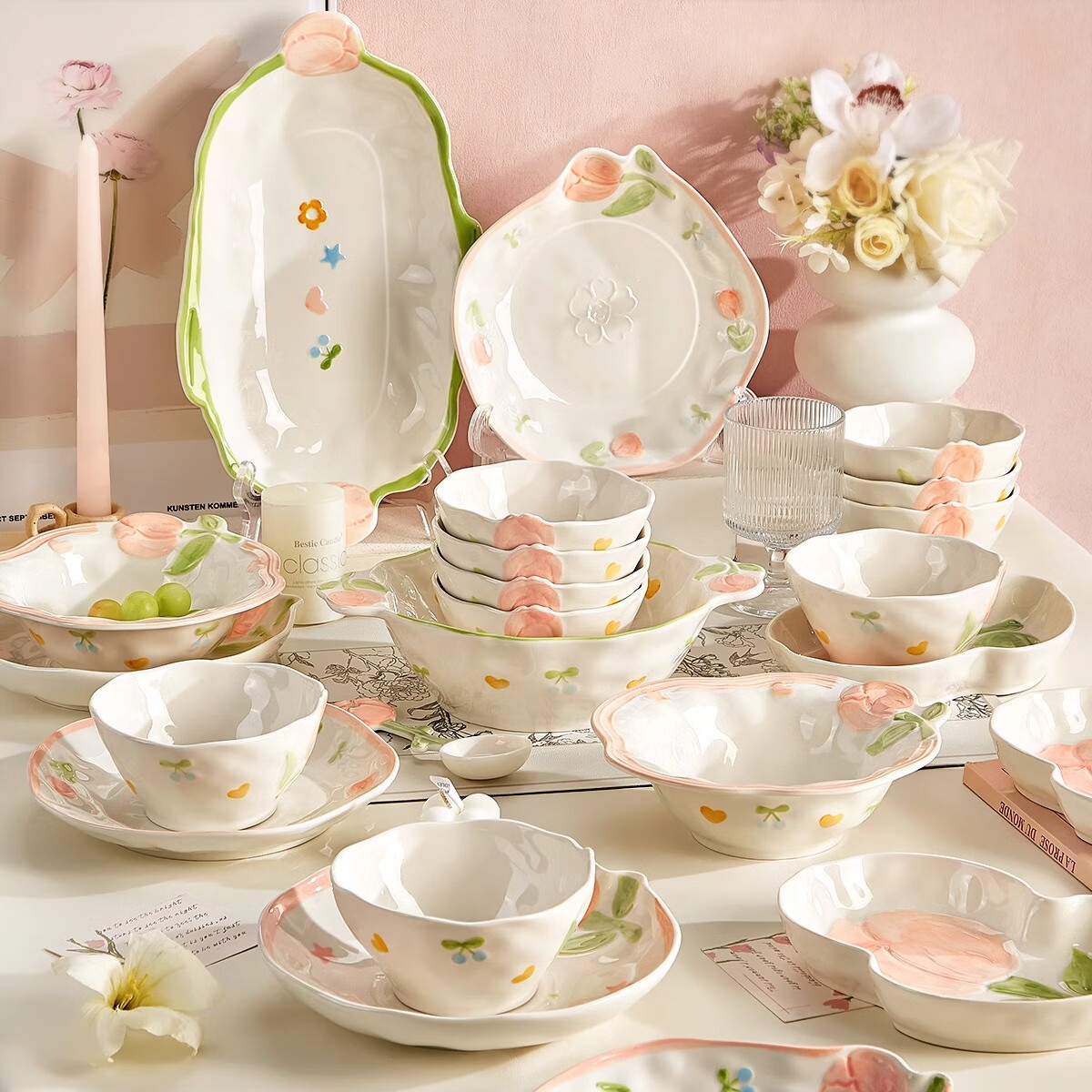 CERAMICS Fresh And Simple Ceramic Dinnerware Set, 17-Piece Gift Box Set with Embossed Tulips, Housewarming Gift for Home Use, Mid-Autumn Festival